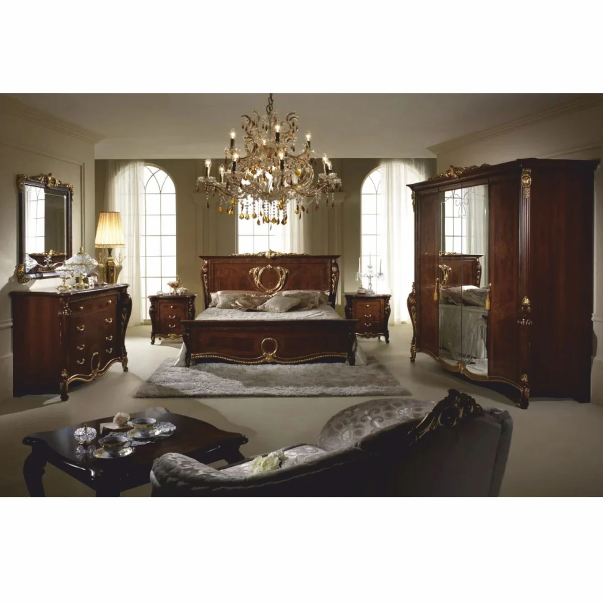 Luxus Barock Nachtkommode mit 3 Schubladen Dunkelbraun / Gold - Made in Italy