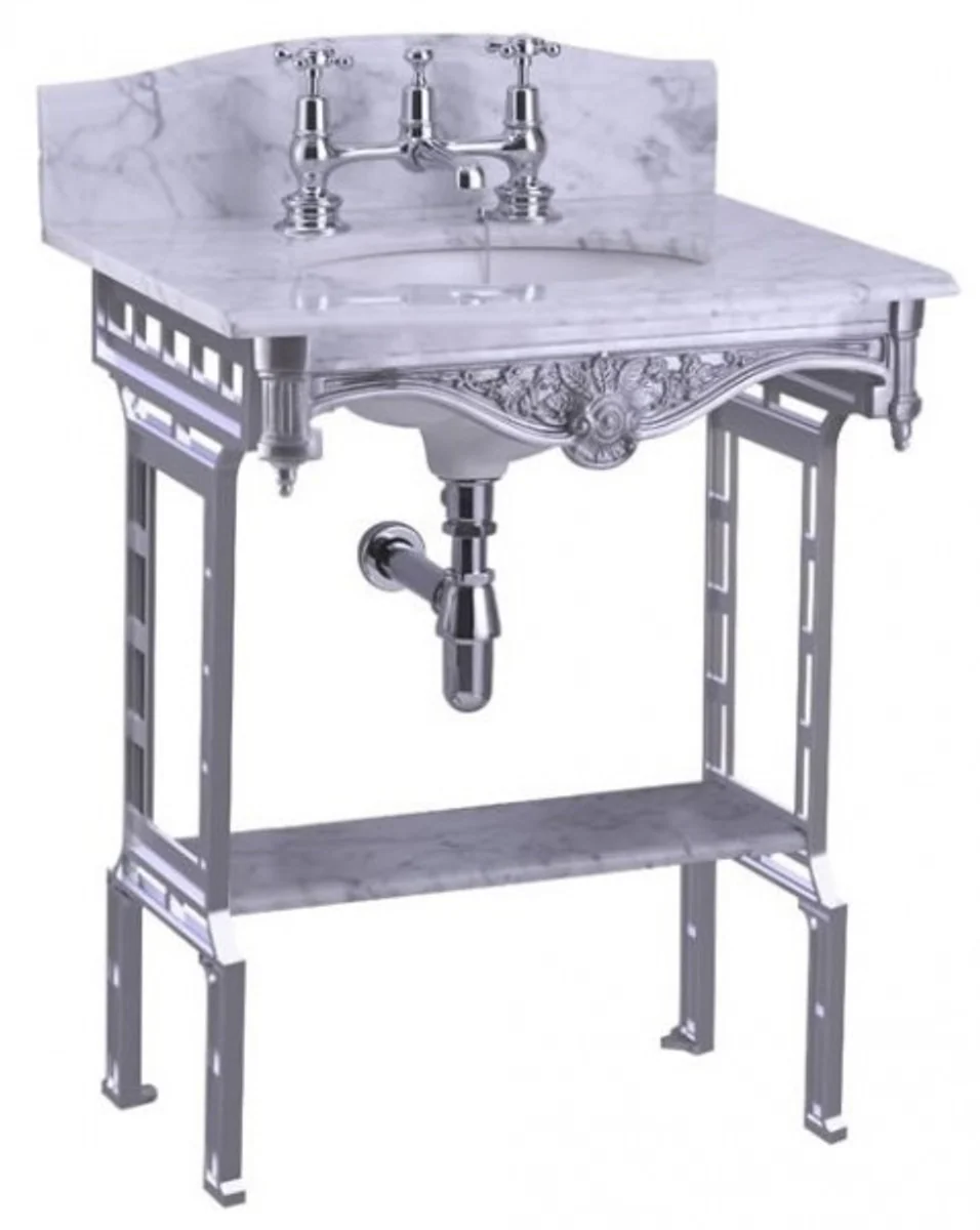 Luxus Jugendstil Stand Waschtisch Weiß / Aluminium mit Marmorplatte mit Spritzschutz hinten und Ablage Barock Waschbecken Barockstil Antik Stil