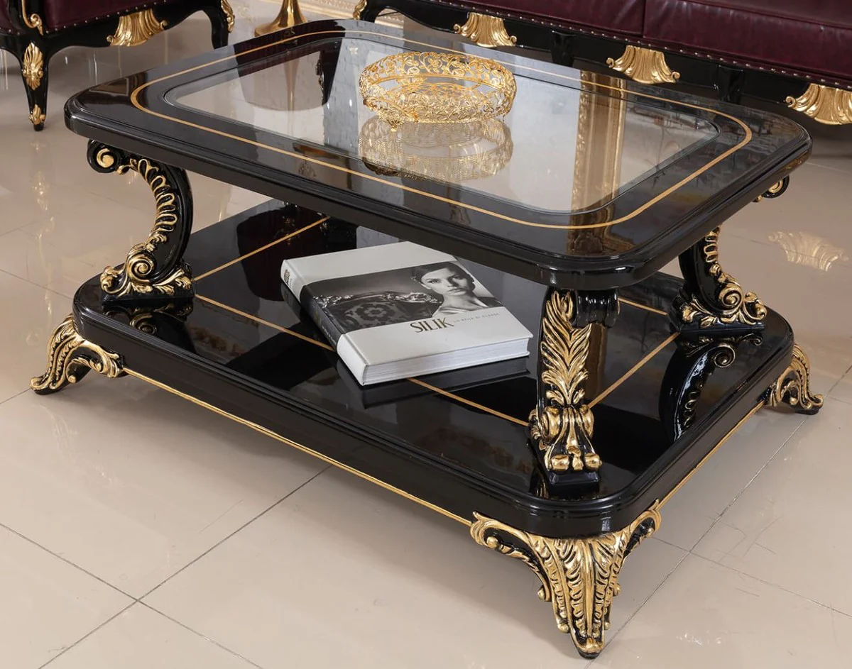 Luxus Barock Couchtisch mit Glasplatte Schwarz / Gold - Prunkvoller Massivholz Wohnzimmertisch im Barockstil - Barock Wohnzimmer Möbel - Edel & Prunkvoll