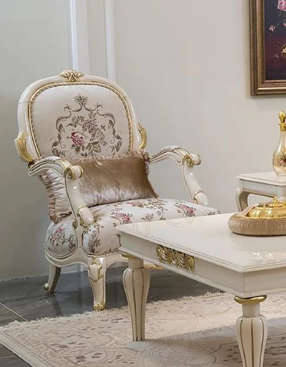 Luxus Barock Wohnzimmer Set Creme / Rosa / Weiß / Gold - 2 Sofas & 2 Sessel - Handgefertigte Wohnzimmer Möbel im Barockstil - Edel & Prunkvoll