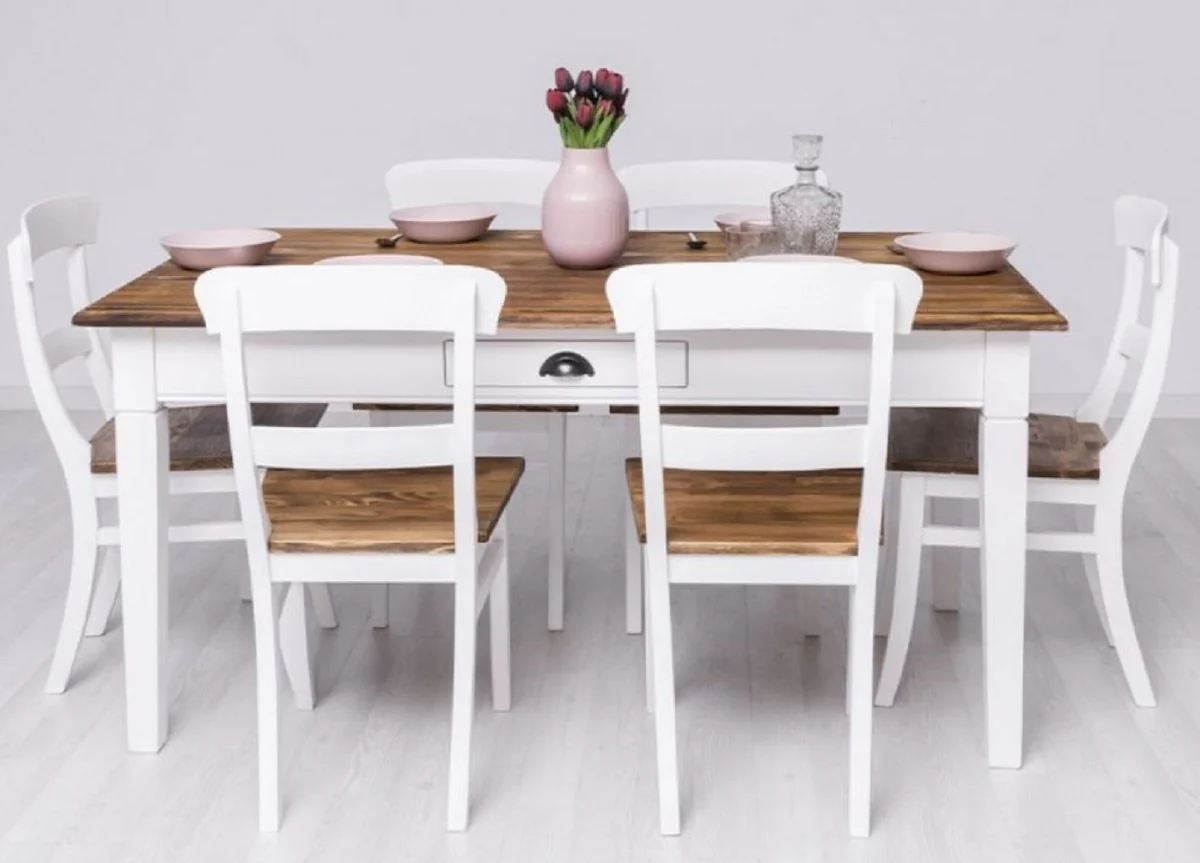 Landhausstil Esszimmer Möbel Set Weiß / Braun - 1 Landhausstil Esstisch & 6 Landhausstil Esszimmerstühle - Massivholz Esszimmer Möbel - Landhausstil Esszimmer Möbel