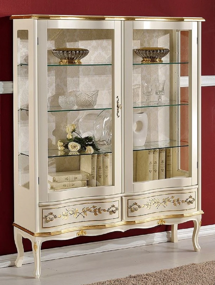 Luxus Barock Vitrine Creme / Gold - Handgefertigter italienischer Barockstil Vitrinenschrank - Barockstil Möbel - Italienische Barock Möbel - Luxus Qualität - Made in Italy