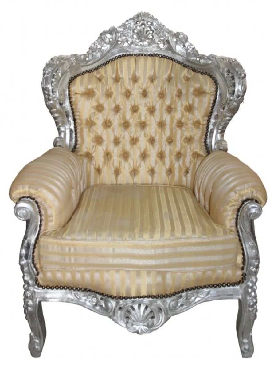 Sessel King Mod2 Gold / Beige Streifen / Silber - Barock Sessel