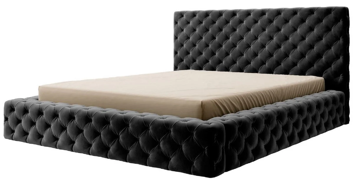 Luxus Chesterfield Samt Doppelbett mit Matratze Schwarz - Verschiedene Größen