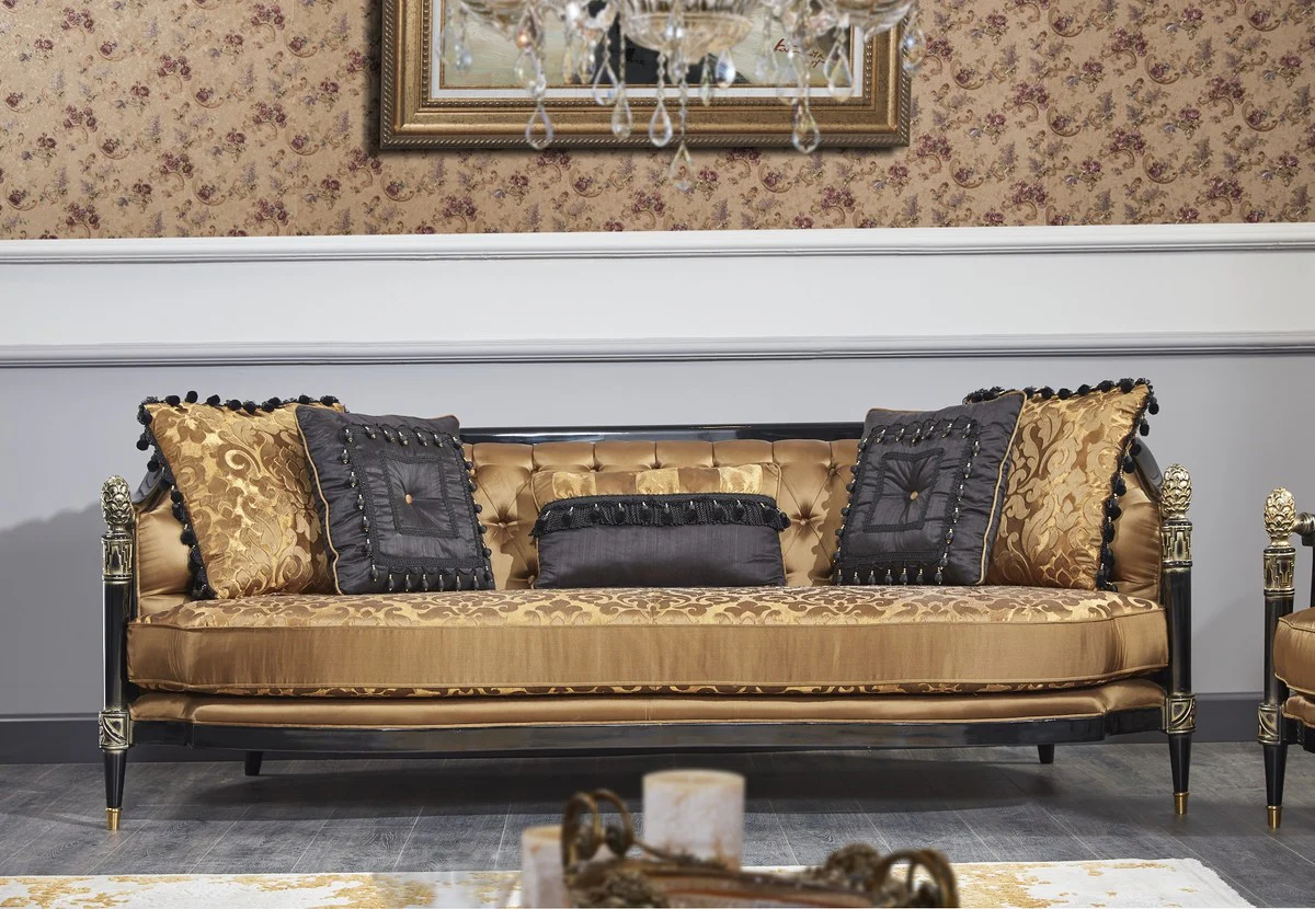 Luxus Barock Chesterfield Sofa Gold / Schwarz 231 x 94 x H. 83 cm - Barock Wohnzimmermöbel
