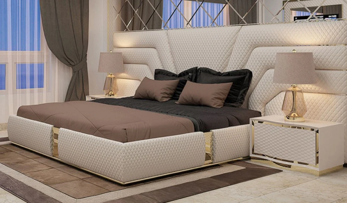 Luxus Schlafzimmer Set Cremefarben / Gold - 1 Doppelbett mit Kopfteil & 2 Nachttische - Moderne Schlafzimmer & Hotel Möbel - Luxus Qualität