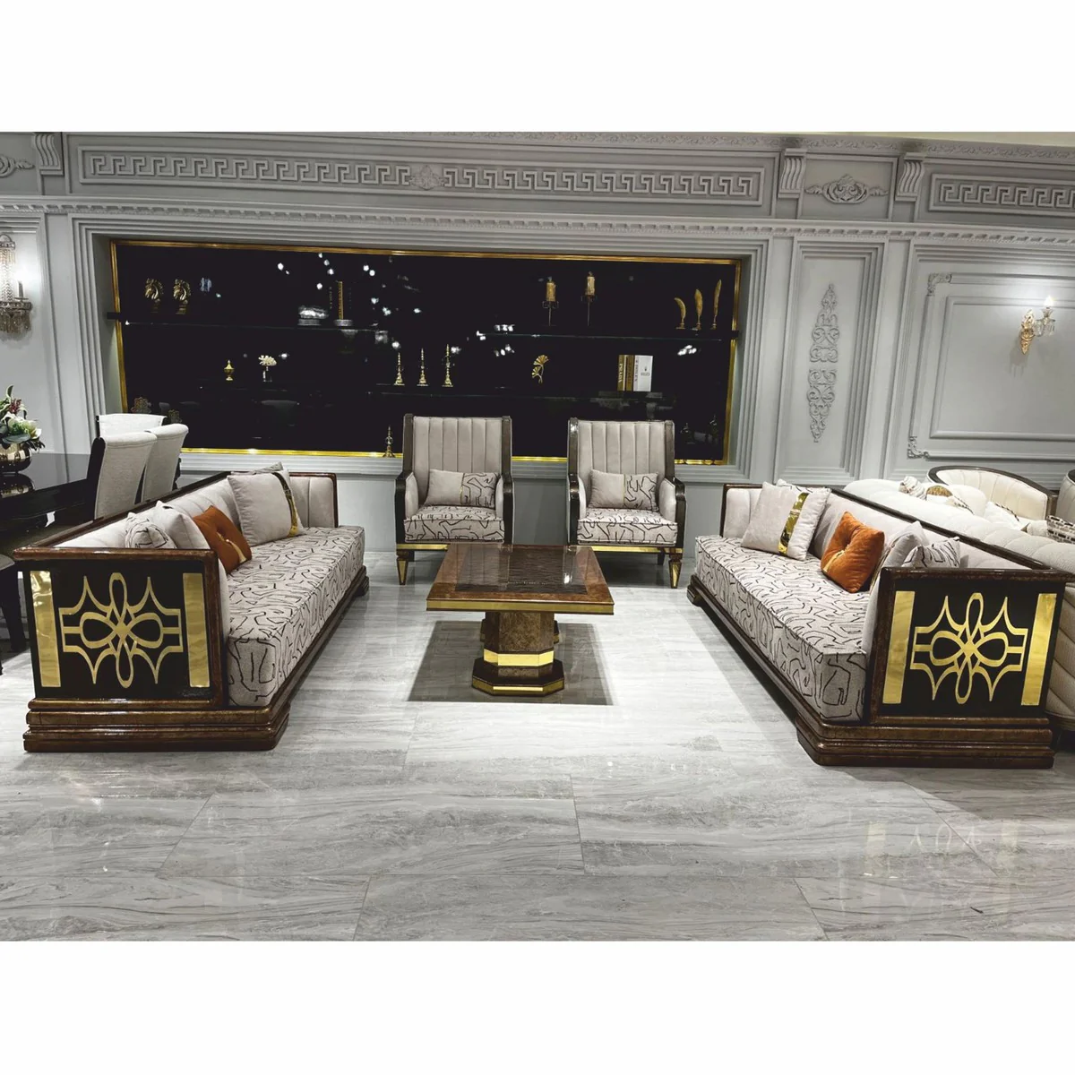 Luxus Art Deco Sofa Grau / Braun / Gold 238 cm - Wohnzimmer Möbel