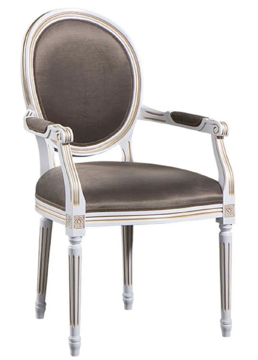 Luxus Barock Esszimmer Set Weiß / Gold / Grau 59 x 43,5 x H. 98 cm - 6 Esszimmerstühle mit Armlehnen - Esszimmermöbel