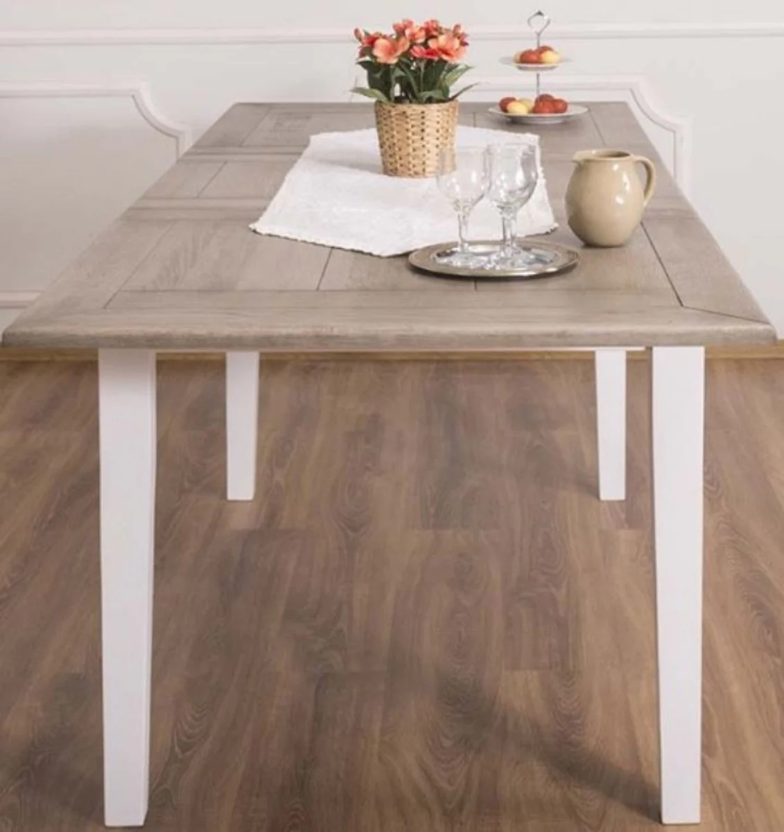 Landhausstil Esstisch Braun / Weiß 160-200 x 90 x H. 78 cm - Massivholz Küchentisch mit ausziehbarer Eichenholz Tischplatte