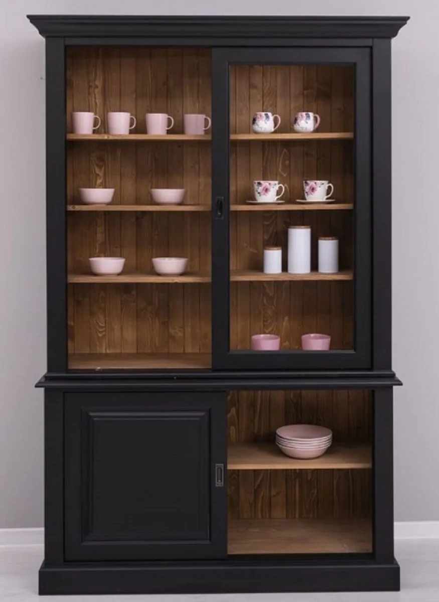 Landhausstil Esszimmerschrank Schwarz / Braun 141 x 48 x H. 212 cm - Massivholz Schrank mit 4 Schiebetüren - Landhausstil Massivholz Esszimmer Möbel