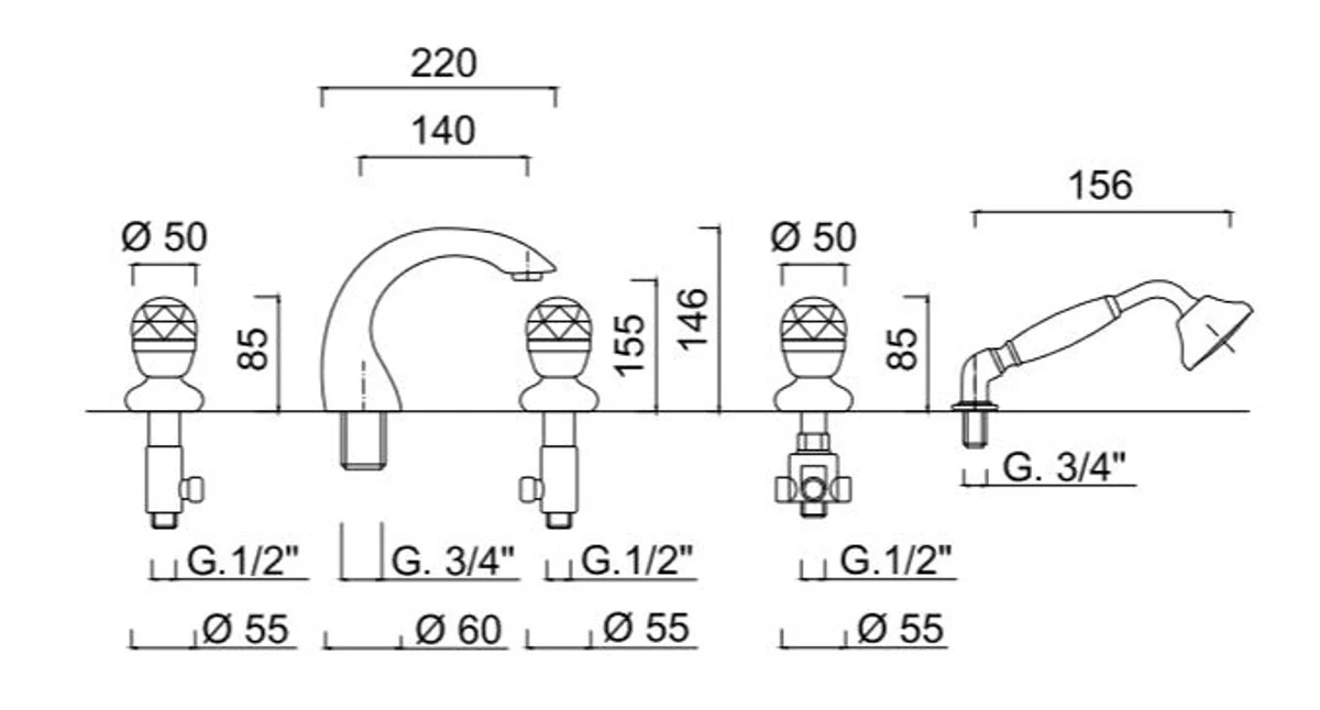 Luxus Badewannen Armaturen Set 5-Loch Kombination Silber - Badezimmer Badewannenarmaturen mit Swarovski Kristallglas