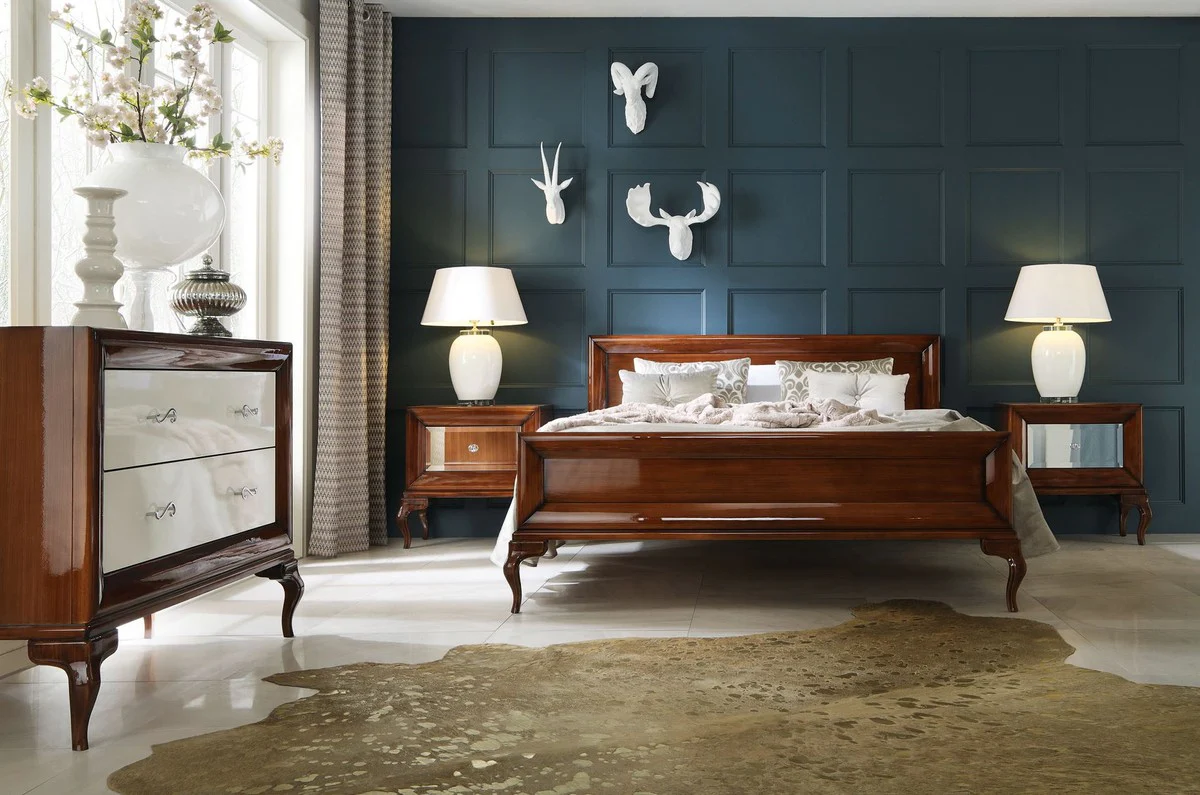 Luxus Art Deco Nachttisch Hochglanz Braun 70 x 42 x H. 65 cm - Verspiegelter Beistelltisch mit Schublade - Luxus Schlafzimmer Möbel - Luxus Art Deco Möbel