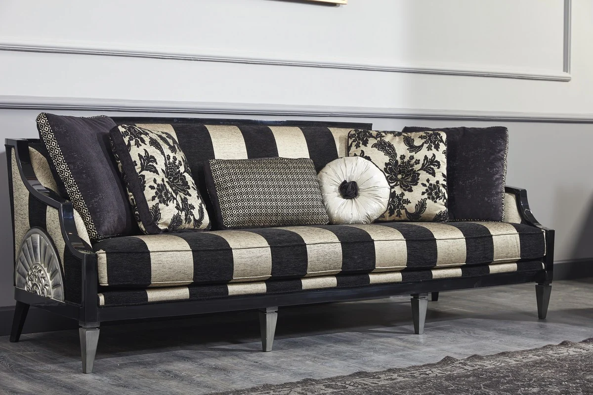 Luxus Barock Sofa Schwarz / Gold / Silber 244 x 95 x H. 88 cm - Wohnzimmermöbel im Barockstil