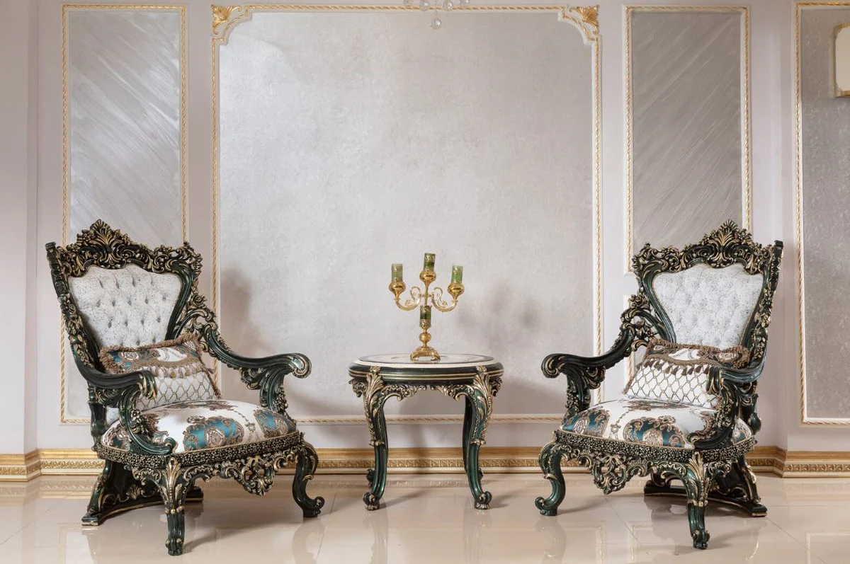 Luxus Barock Beistelltisch Beige / Weiß / Grün / Gold - Prunkvoller Massivholz Tisch im Barockstil - Barock Wohnzimmer Möbel - Edel & Prunkvoll