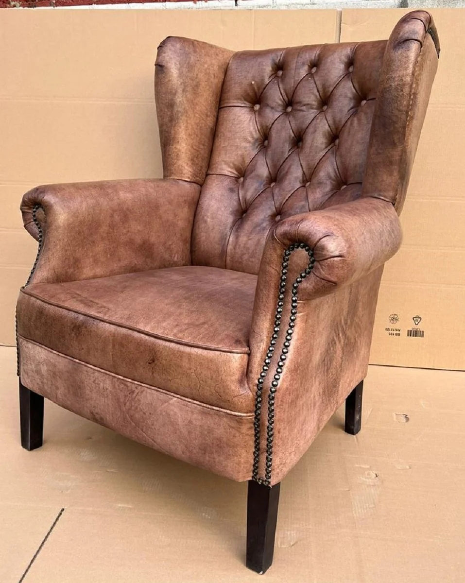 Luxus Echtleder Chesterfield Ohrensessel Vintage Braun / Schwarz Wohnzimmer Sessel Leder