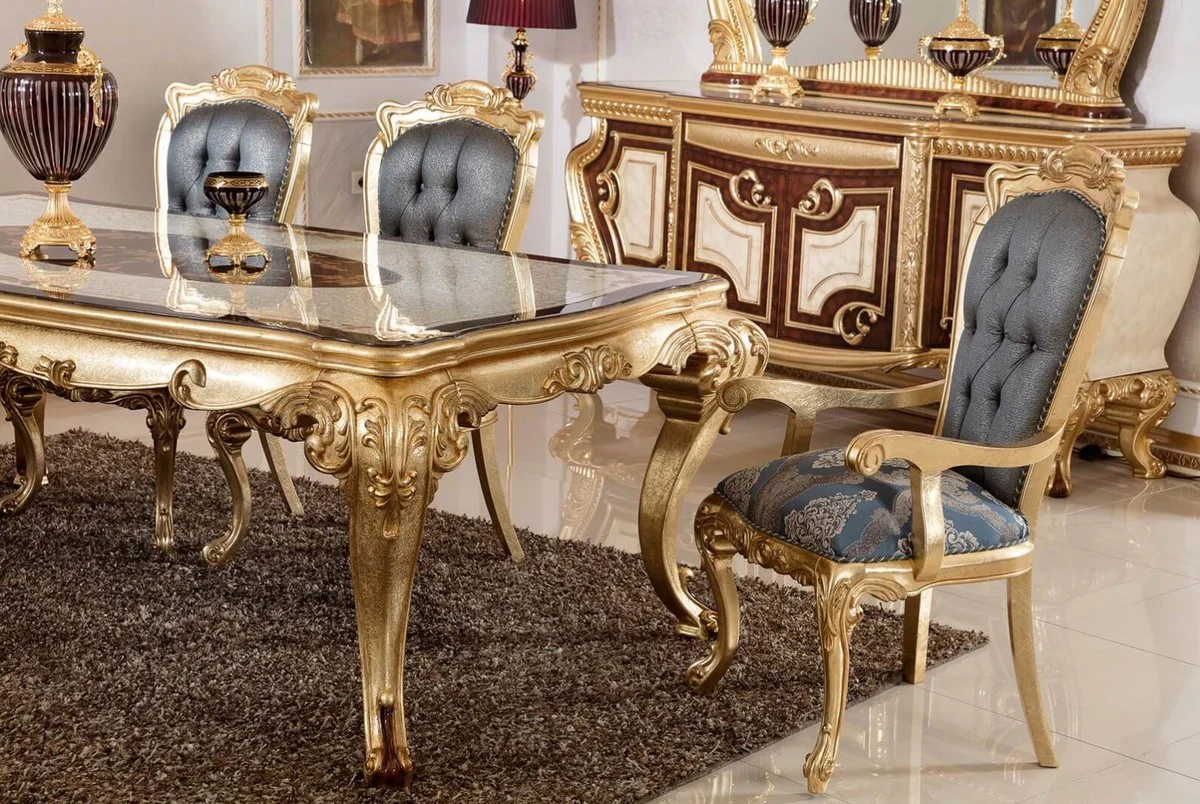 Luxus Barock Esstisch Weiß / Braun / Gold - Prunkvoller Massivholz Esszimmertisch im Barockstil - Prunkvolle Barock Esszimmer Möbel