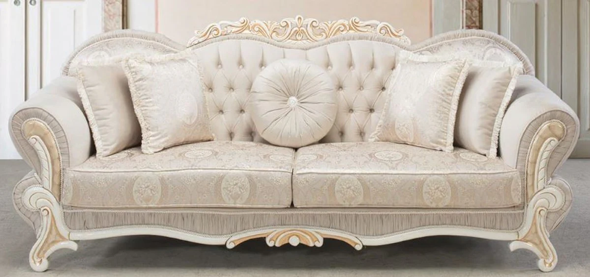 Luxus Barock Sofa Hellrosa / Weiß / Gold 237 x 90 x H. 99 cm - Wohnzimmer Sofa mit dekorativen Kissen - Barockstil Möbel