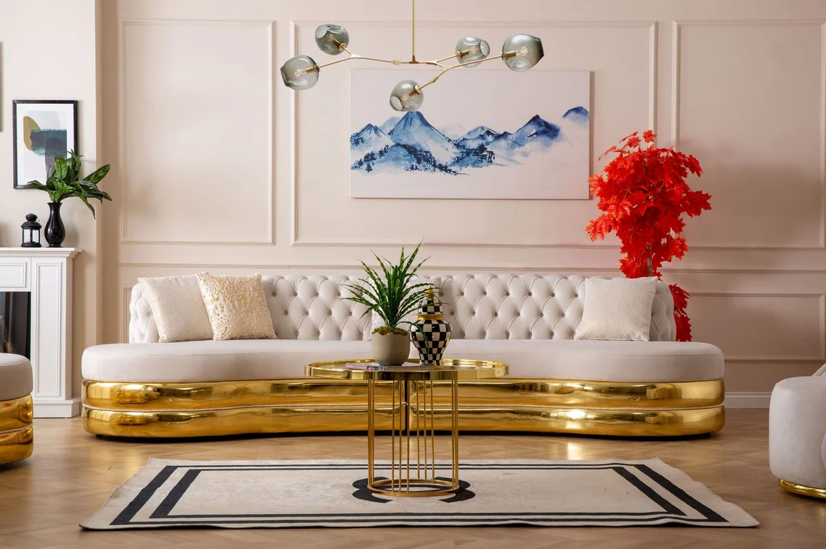 Luxus Chesterfield 4er Sofa Creme / Gold 340 x 105 x H. 82 cm - Gebogenes Chesterfield Wohnzimmer Sofa - Wohnzimmer Möbel - Chesterfield Möbel - Luxus Möbel - Luxus Einrichtung