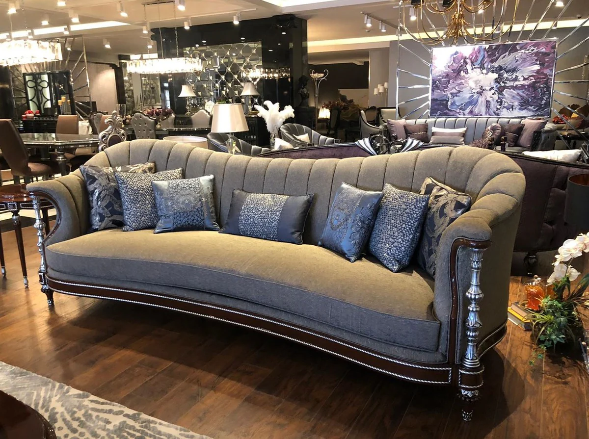 Luxus Barock Wohnzimmer Set Grau / Braun / Silber - 2 Sofas & 2 Sessel & 1 Couchtisch - Handgefertigte Barock Wohnzimmer Möbel - Edel & Prunkvoll