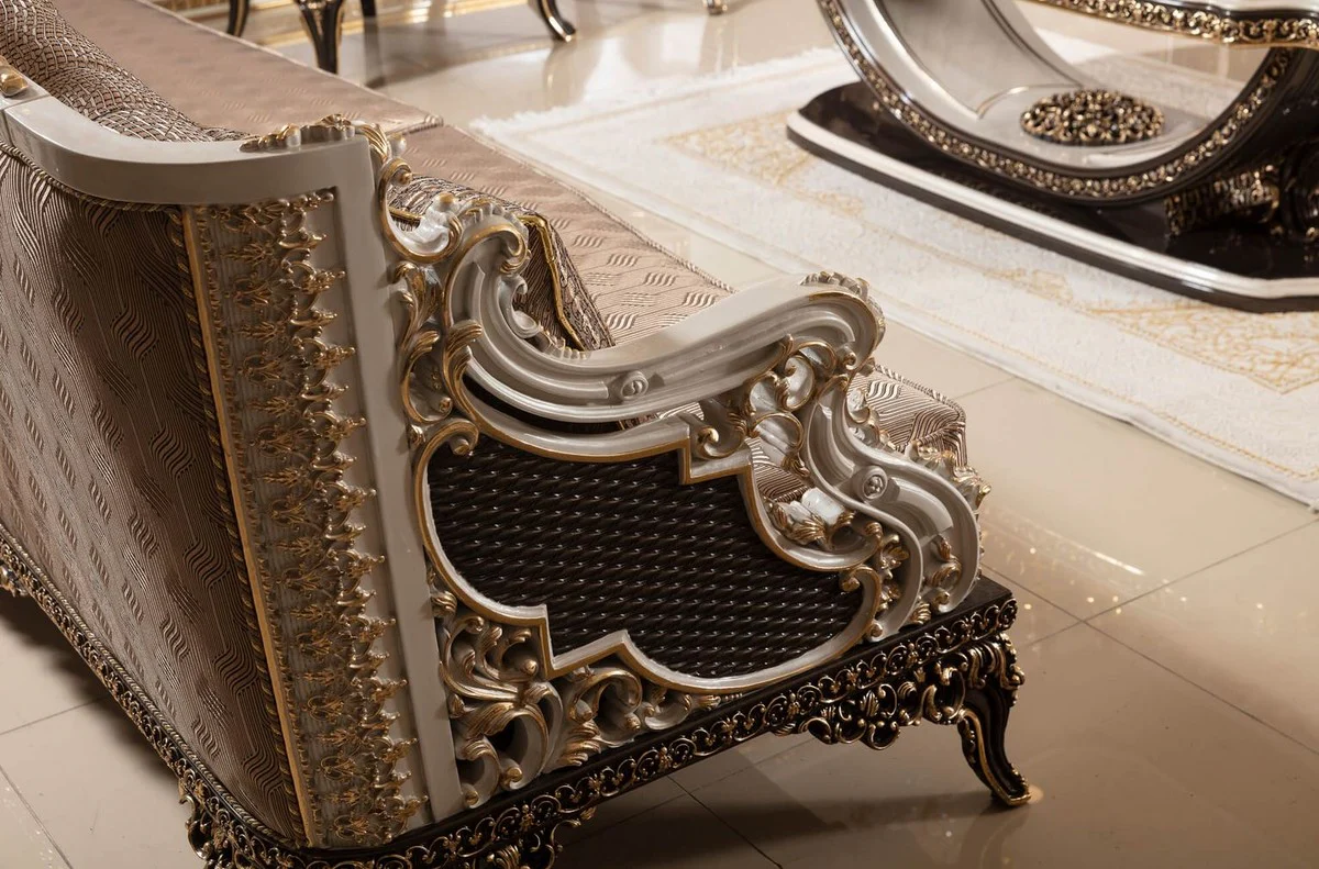 Luxus Barock Sofa Grau / Weiß / Dunkelbraun / Gold 255 cm