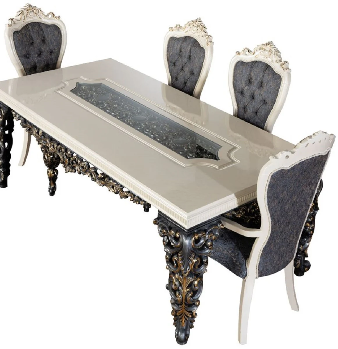 Luxus Barock Esszimmer Stuhl 6er Set Blau / Weiß / Gold - Prunkvolle Barockstil Küchen Stühle - Luxus Esszimmer Möbel im Barockstil - Barock Esszimmer Möbel - Barockstil Möbel