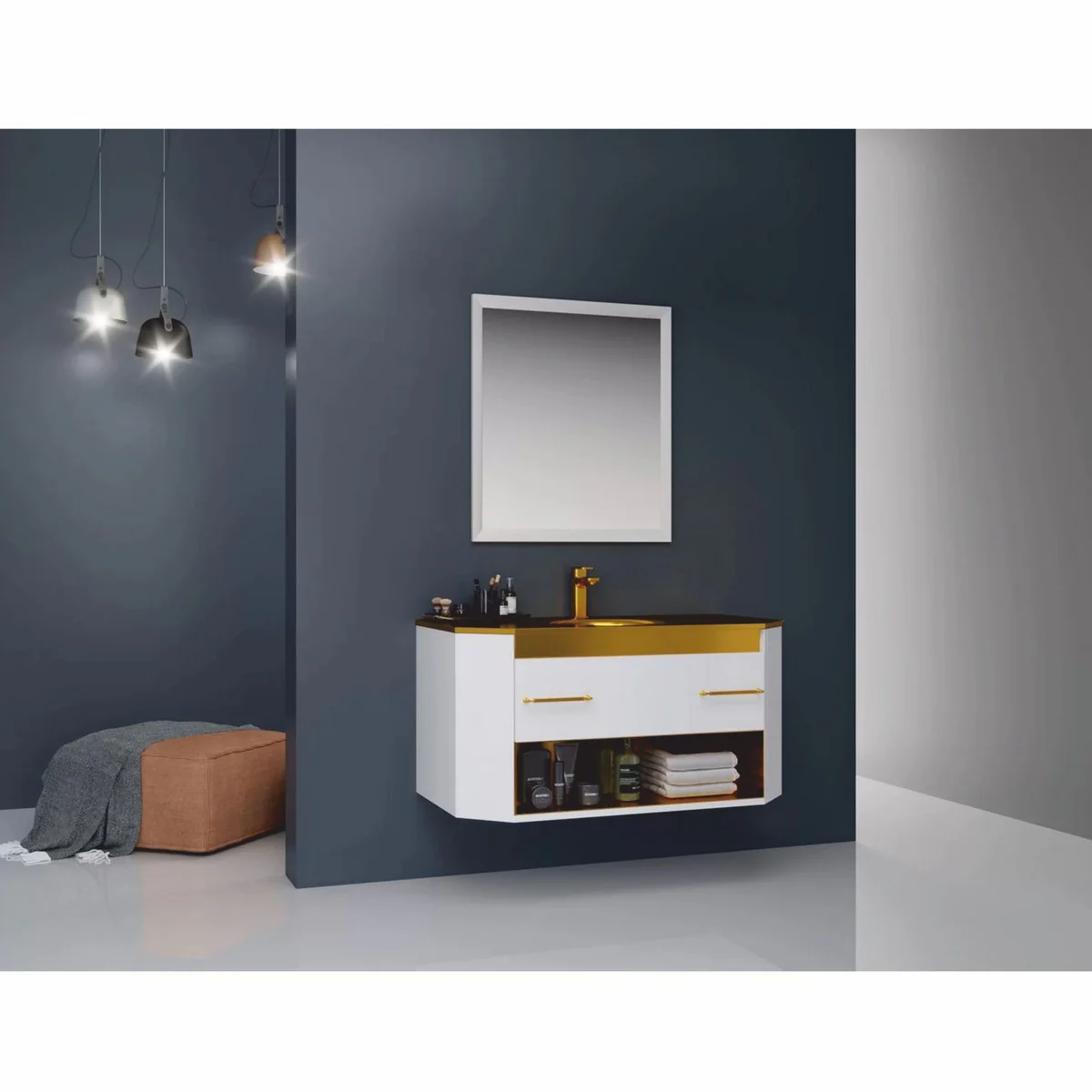 Luxus Badezimmer Set Hochglanz Weiß / Gold 100 cm - Hotel & Badezimmer Inerior