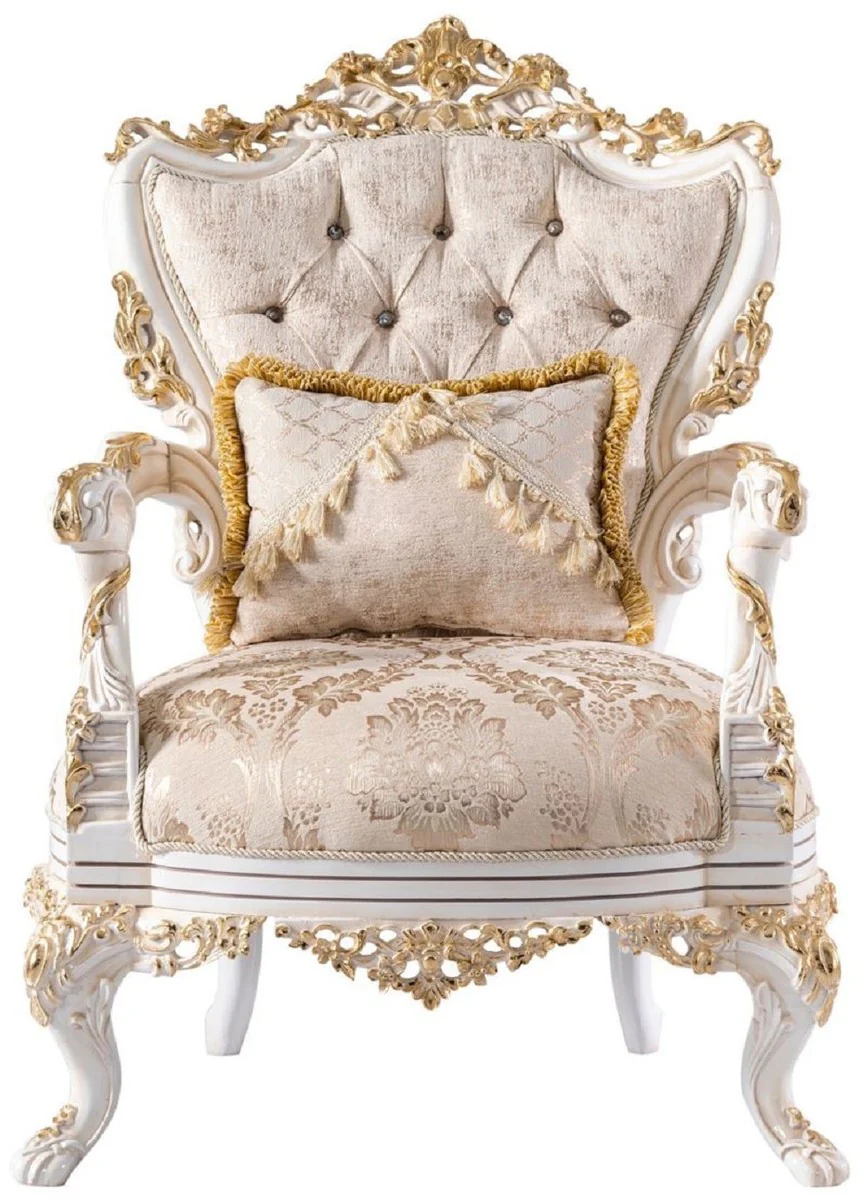 Luxus Barock Wohnzimmer Set Beige / Weiß / Gold - 2 Barock Sofas & 2 Barock Sessel & 1 Barock Couchtisch - Luxus Wohnzimmer Möbel im Barockstil - Barock Möbel - Edel & Prunkvoll