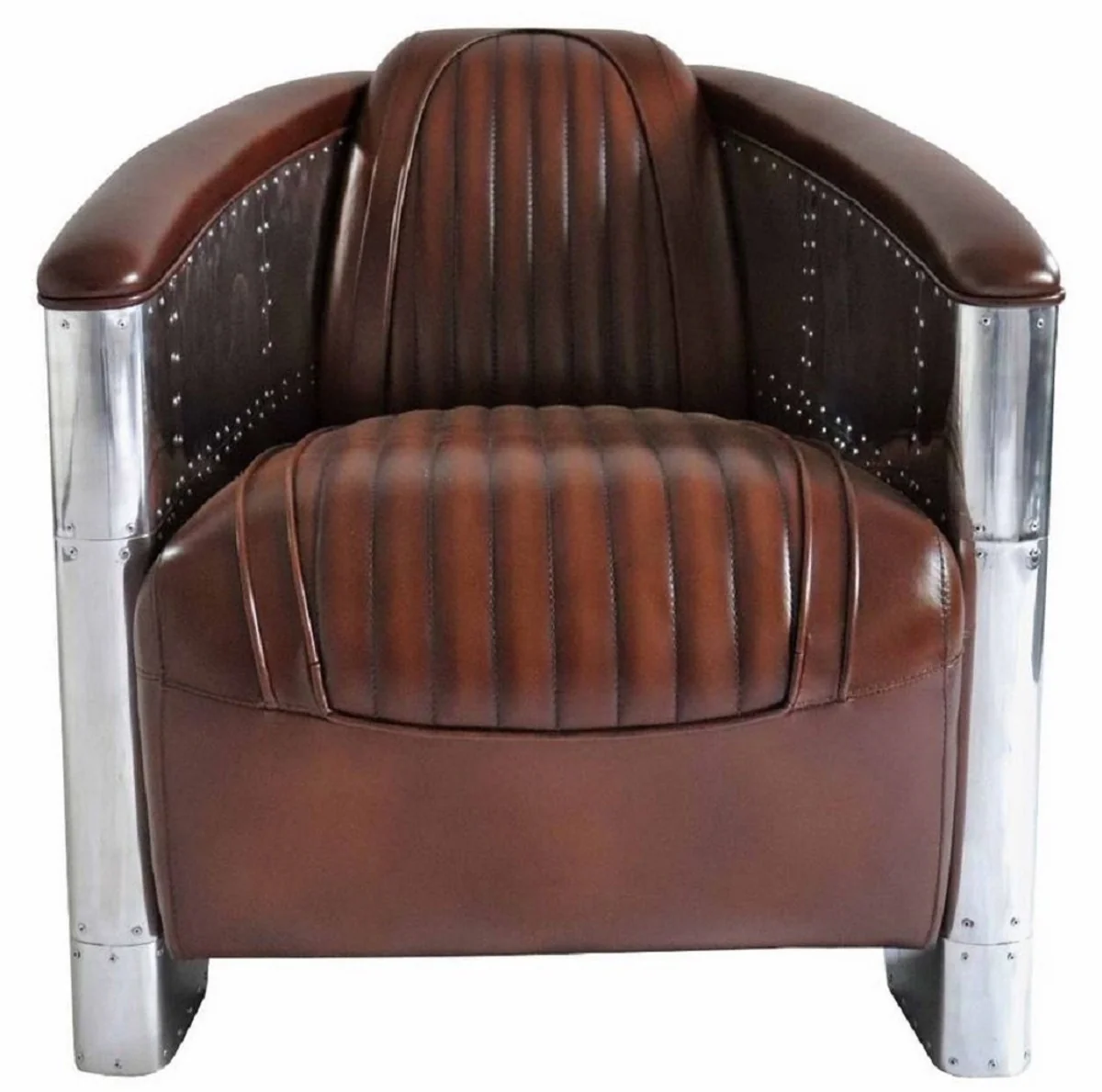 Luxus Art Deco Echtleder Sessel Dunkelbraun / Silber 90 x 72 x H. 68 cm - Aluminium Sessel mit hochwertigem Leder - Lounge Sessel - Aluminium Flugzeug Flieger Sessel Möbel