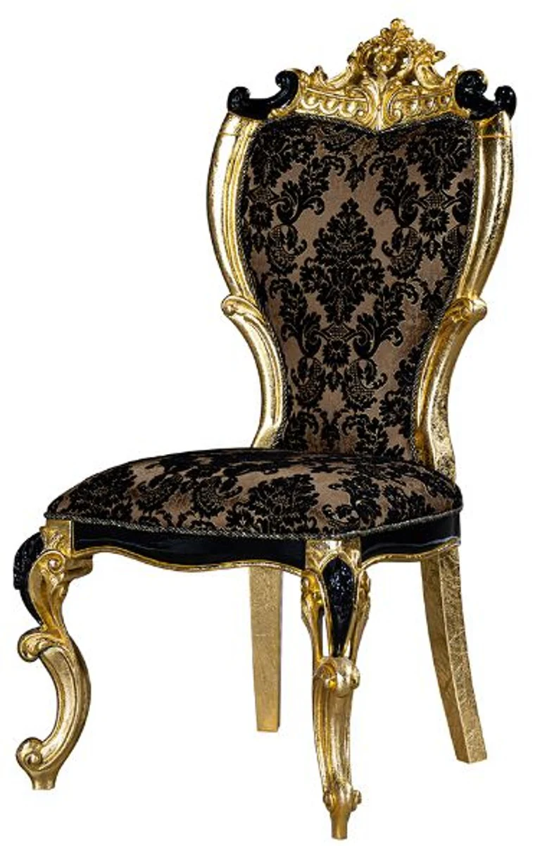 Luxus Barock Esszimmer Stuhl Set mit elegantem Muster Braun / Schwarz / Gold 60 x 65 x H. 120 cm - Küchen Stühle 6er Set im Barockstil - Barock Esszimmer Möbel