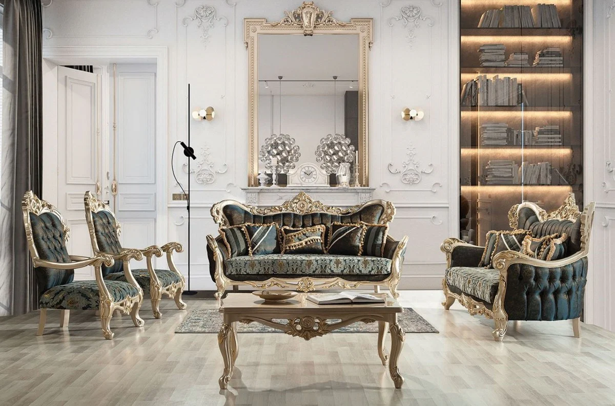Luxus Barock Sofa Dunkelblau / Türkis / Silber / Gold - Prunkvolles Wohnzimmer Sofa - Barock Wohnzimmer Möbel - Edel & Prunkvoll