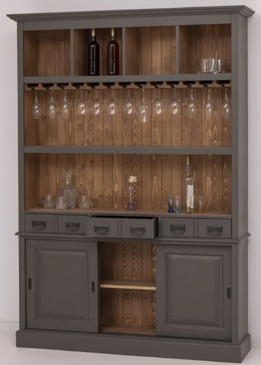 Landhausstil Massivholz Barschrank Dunkelgrau / Braun 151 x 36 x H. 210 cm - Massivholz Weinschrank im Landhausstil - Massivholz Bar Möbel - Landhausstil Bar Möbel