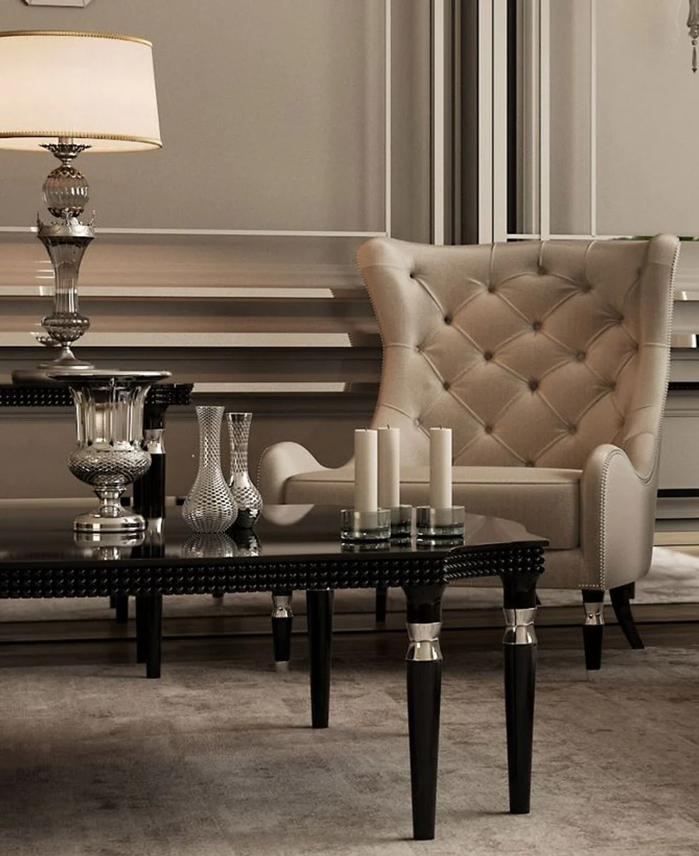 Luxus Art Deco Chesterfield Ohrensessel Grau / Schwarz / Silber 90 x 75 x H. 105 cm - Wohnzimmer Sessel - Luxus Qualität