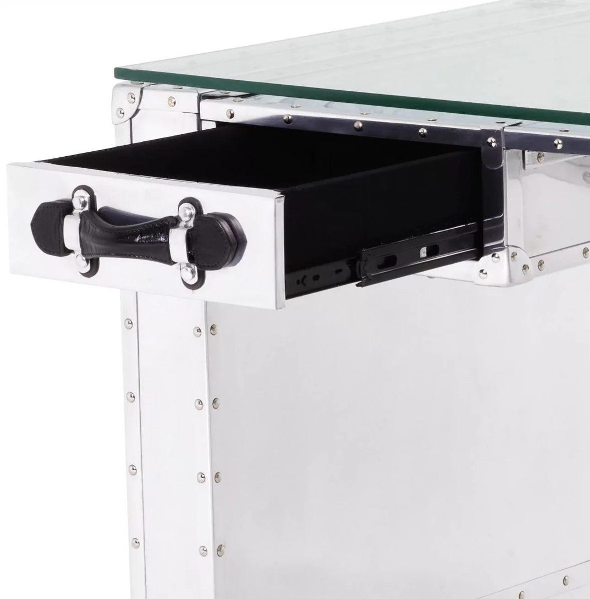 Luxus Schreibtisch im Koffer Design Silber / Schwarz 150 x 72 x H. 76 cm - Aluminium Bürotisch mit Glasplatte - Aluminium Möbel - Büro Möbel - Luxus Möbel - Luxus Einrichtung