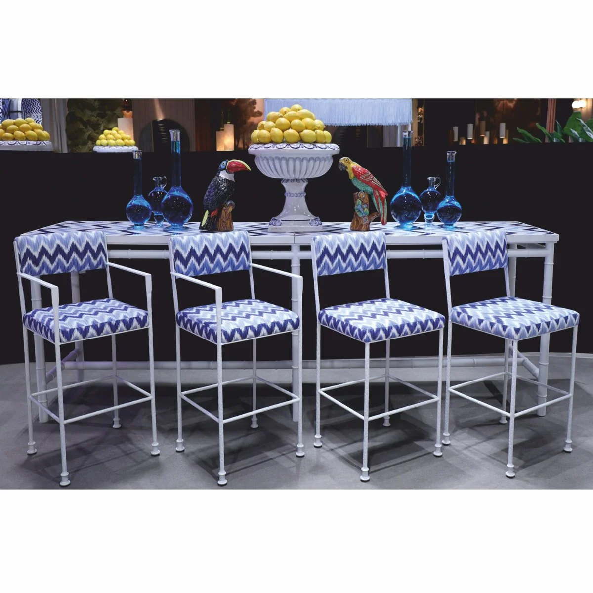 Luxus Schmiedeeisen Barstuhl 4er Set Weiß / Blau - Hotel & Bar Möbel