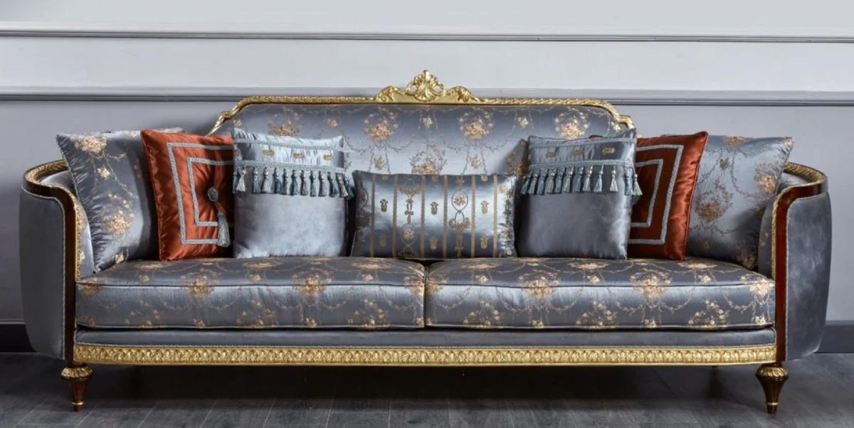 Luxus Barock Sofa Blau / Dunkelbraun / Gold - Prunkvolles Wohnzimmer Sofa - Barockstil Wohnzimmer Möbel - Luxus Möbel im Barockstil - Barock Einrichtung - Edel & Prunkvoll