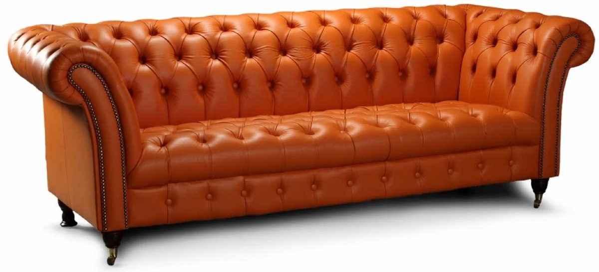Luxus Chesterfield Leder 3er Sofa Hellbraun 235 x 95 x H. 85 cm - Echtleder Wohnzimmer Sofa - Chesterfield Wohnzimmer Möbel - Luxus Kollektion