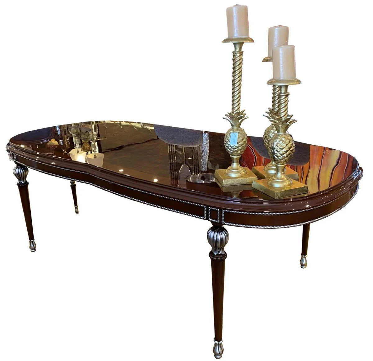 Luxus Barock Esstisch Braun / Silber 230 x 106 x H. 80 cm - Edler Esszimmertisch im Barockstil - Barock Esszimmer Möbel