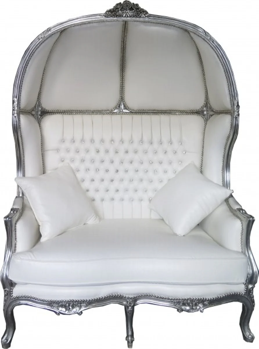 Barock 2er Ballon Sofa Weiß Lederoptik / Silber - Wohnzimmer Couch Möbel Lounge Hochzeit