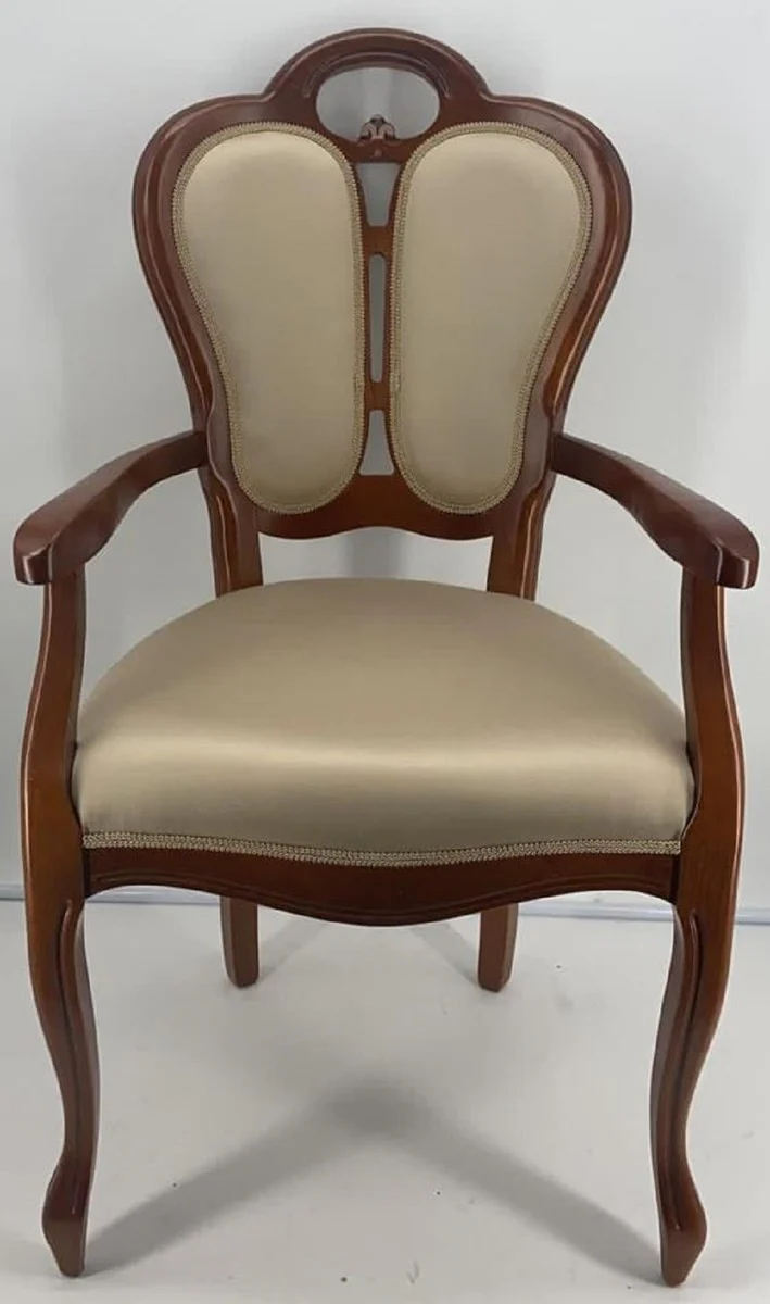 Luxus Jugendstil Esszimmerstuhl mit Armlehnen Gold / Braun 57 x 43 x H. 105 cm - Gepolsterter Massivholz Stuhl - Jugendstil Esszimmermöbel
