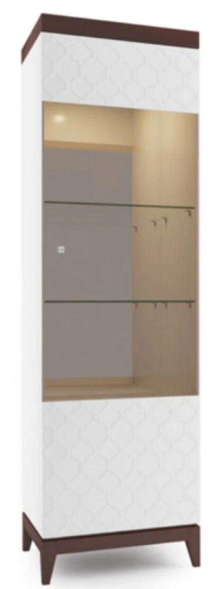 Luxus Vitrinenschrank Weiß / Hochglanz Braun 61 x 45 x H. 205 cm - Beleuchteter Wohnzimmerschrank mit 2 Glasregalen - Wohnzimmermöbel