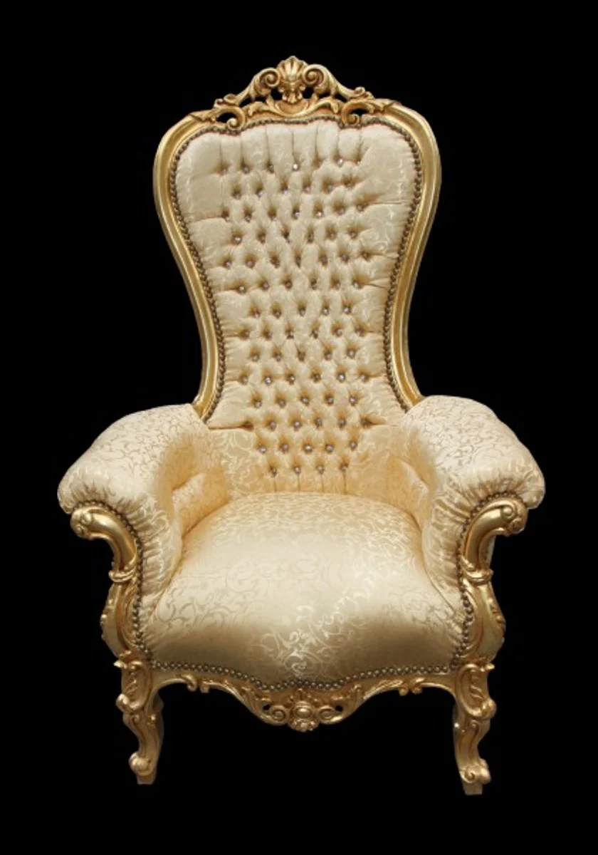 Barock Thron Sessel Majestic Medium Gold Muster / Gold mit Bling Bling Glitzersteinen - Riesensessel - Thron Stuhl Tron