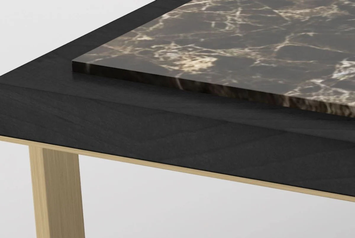 Luxus Couchtisch Schwarz / Braun / Messingfarben 123 x 123 x H. 40 cm - Moderner quadratischer Wohnzimmertisch mit 4 Marmorplatten - Luxus Wohnzimmer Möbel