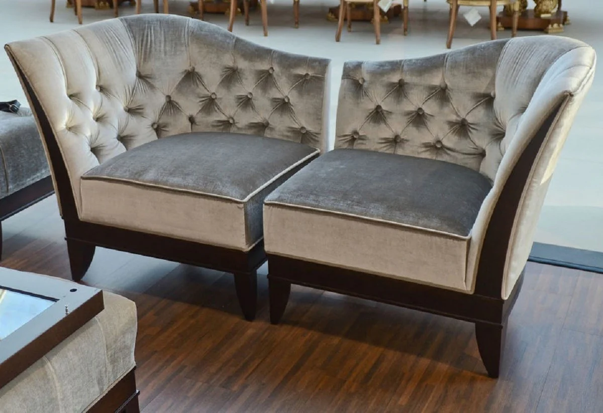 Luxus Wohnzimmer Sessel Set Silbergrau / Dunkelbraun - 2 Neoklassische Sessel mit edlem Velourstoff - Wohnzimmer Möbel im Neoklassischem Stil
