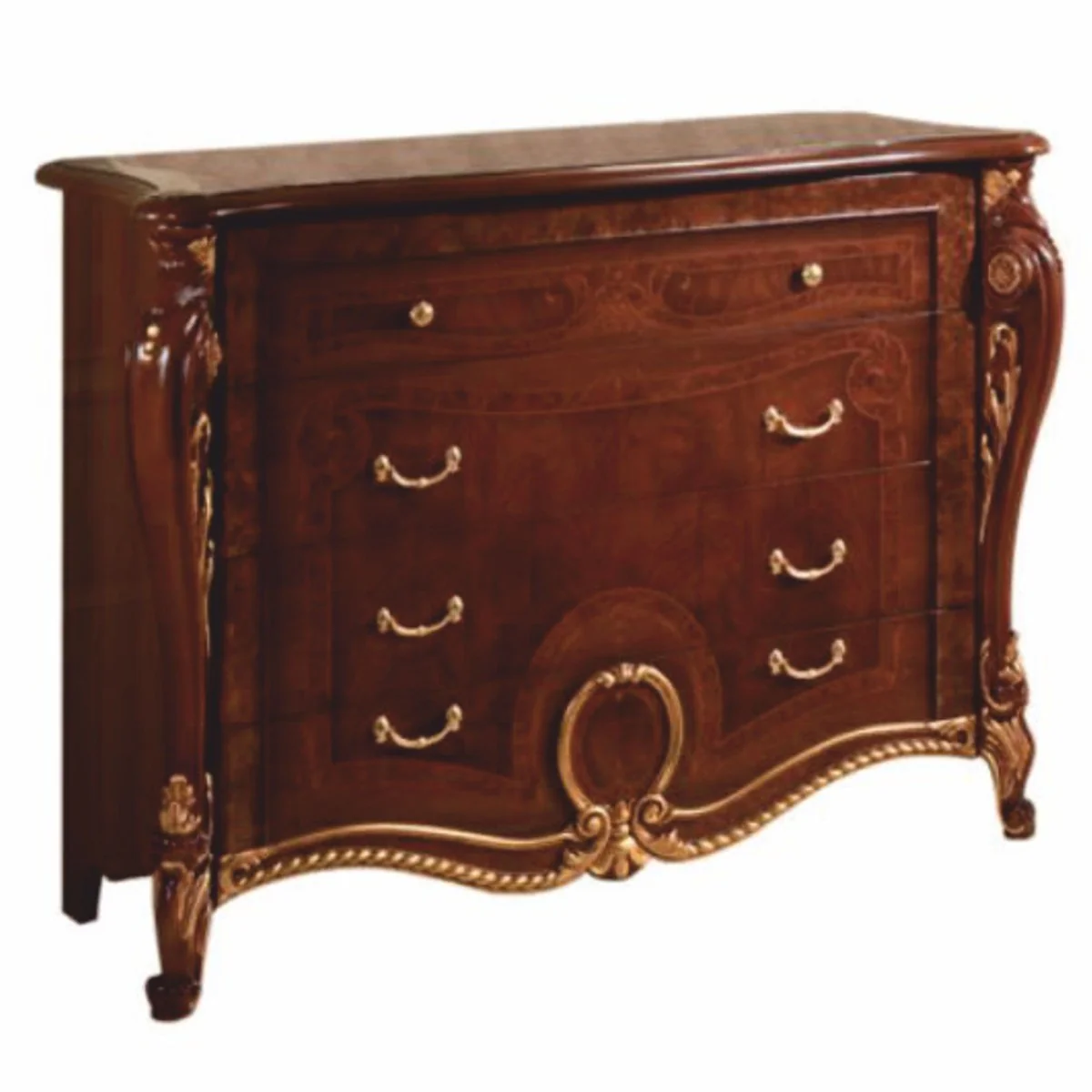 Luxus Barock Kommode Dunkelbraun / Gold 133 cm - Made in Italy