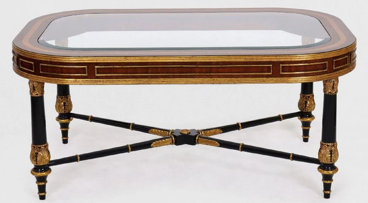 Luxus Barock Couchtisch Braun / Schwarz / Gold 122 x 81 x H. 56 cm - Edler Massivholz Wohnzimmertisch mit Glasplatte - Barock Möbel