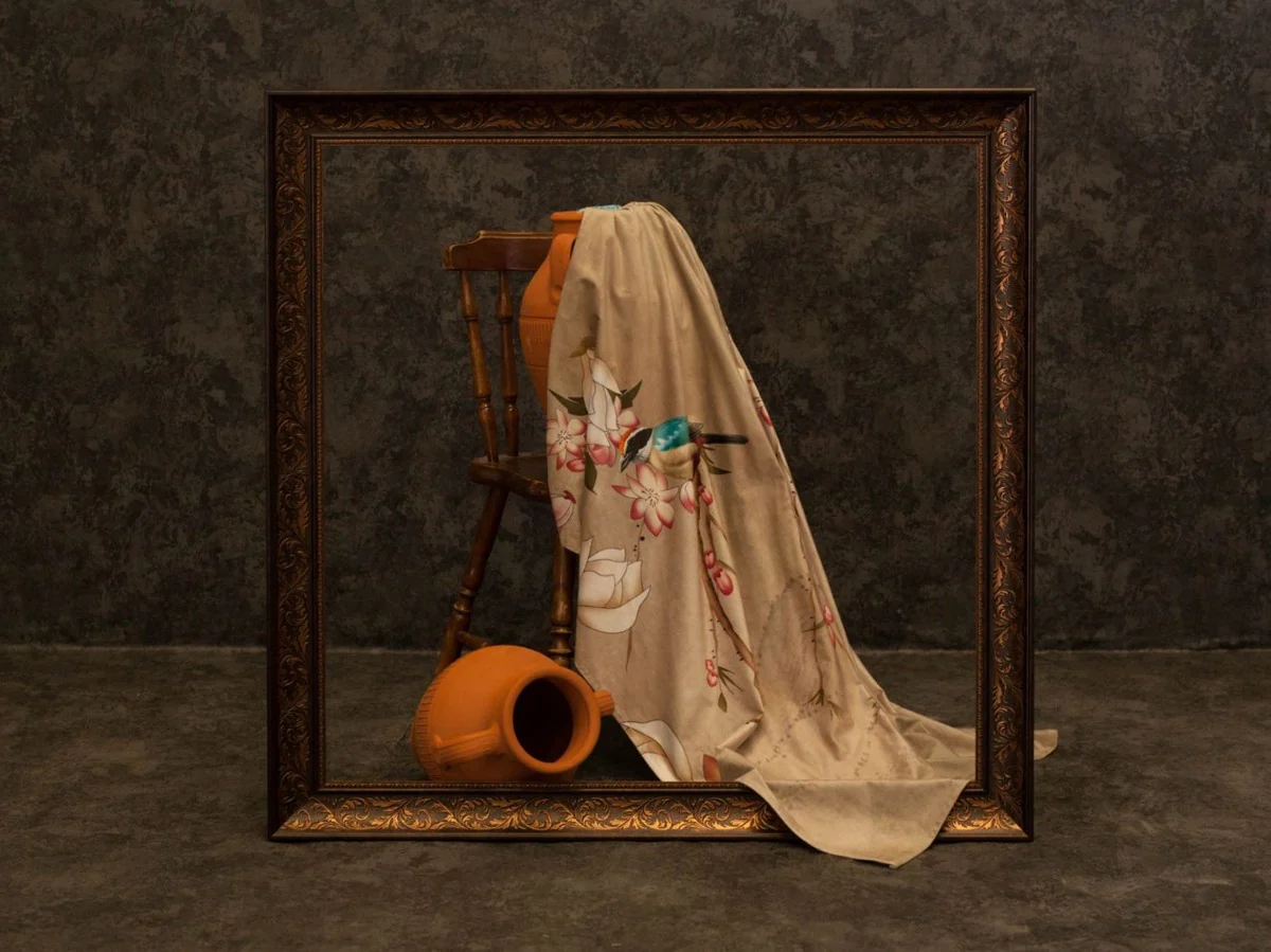 Luxus Vorhang Set Vögel Beige / Mehrfarbig 250 x H. 290 cm - Bedruckte Leinen & Samt Vorhänge - Ösenvorhänge - Schiebevorhänge - Luxus Qualität