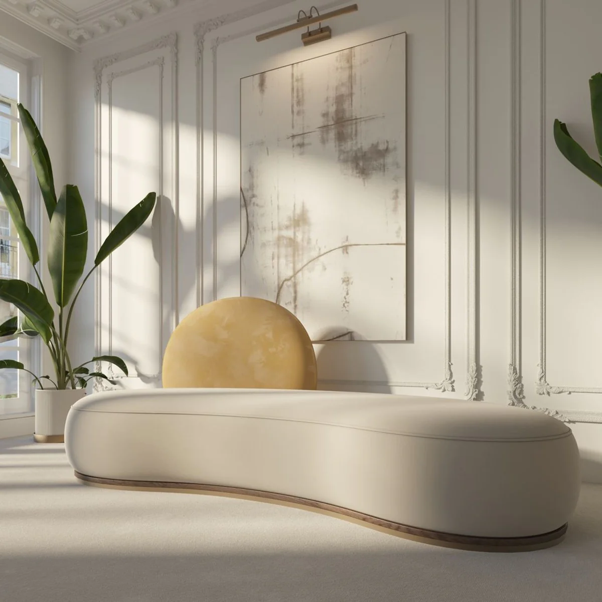 Luxus Samt Sofa Grau / Beige / Braun / Messing 230 x 100 x H. 86 cm - Gebogenes Wohnzimmer Sofa - Hotel Sofa - Wohnzimmer Möbel - Hotel Möbel - Luxus Möbel