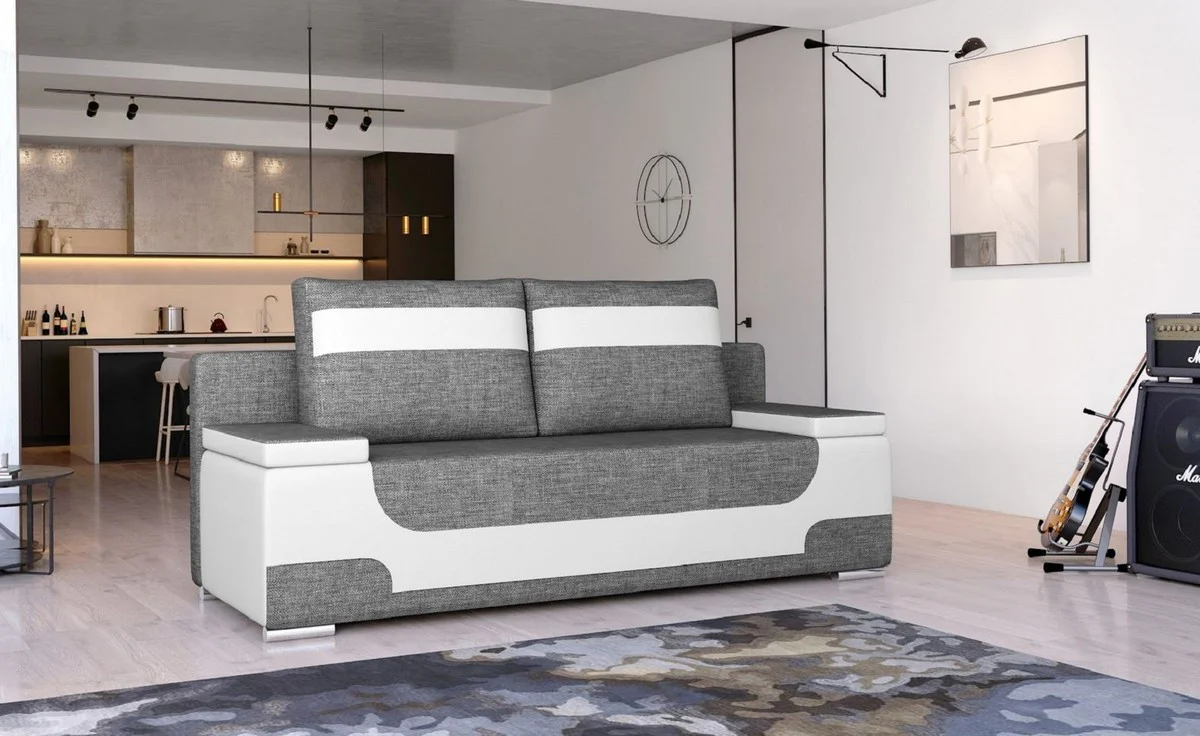 Luxus Schlafsofa Grau / Weiß / Silber 200 x 92 x H. 90 cm - Wohnzimmer Sofa mit Schlaffunktion - Wohnzimmer Möbel - Luxus Möbel - Luxus Interior