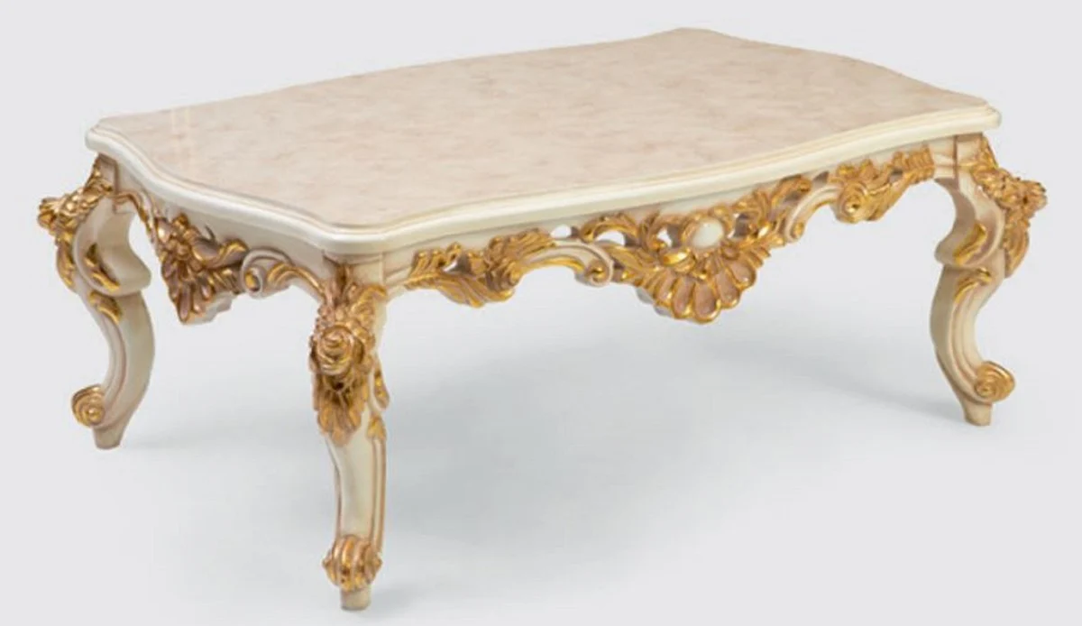 Luxus Barock Wohnzimmertisch Creme / Weiß / Gold 140 x 90 x H. 55 cm - Edler Massivholz Couchtisch im Barockstil - Barock Wohnzimmer Möbel