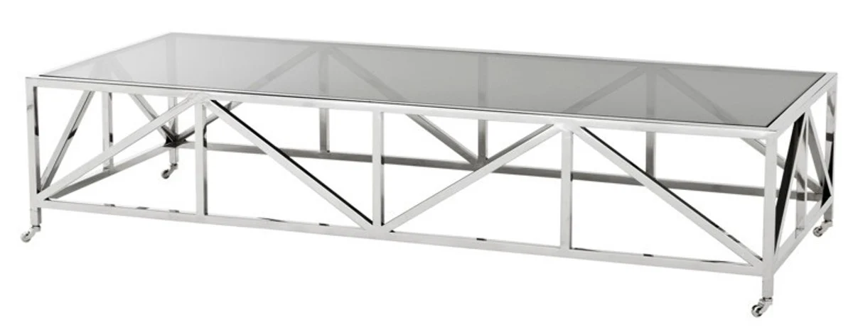 Luxus Art Deco Designer Couchtisch Edelstahl poliert mit Rauchglas 170 x70 cm - Luxus Kollektion